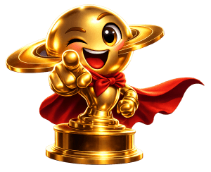 Anthropomorphized Saturn Awards statue pointing to the audience with a smile and a wink.